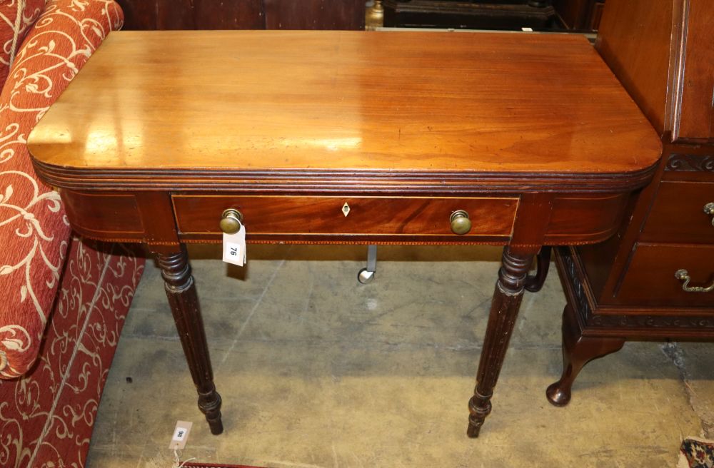 A George IV mahogany folding tea table with one drawer, W.101cm, D.50cm, H.76cm